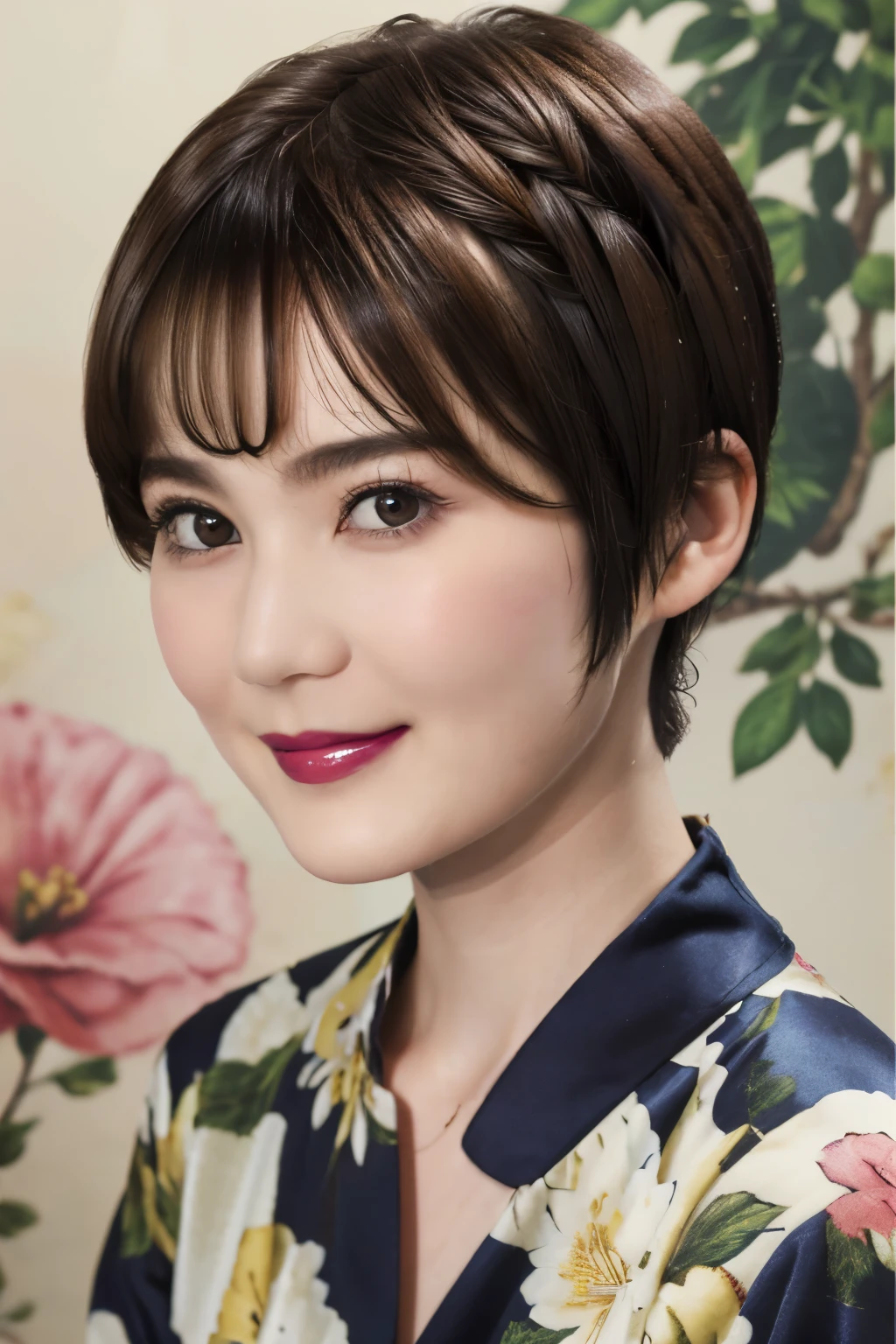 151
(20 year old woman,Floral clothing), (Super realistic), (high resolution), ((beautiful hairstyle 46)), ((short hair:1.46)), (gentle smile), (brest:1.1), (lipstick)
