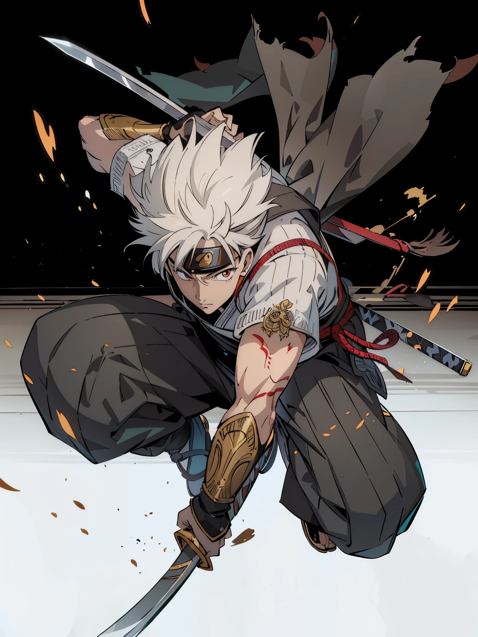 Japanese manga style, Q version, Cartoon, chino, Stroke style, Man with short white hair, whole body perspective, front view, swordsman, warrior, Wearing armor, Jumping action, Flying into the sky, Can ninjutsu, beautiful big red eyes, Angry expression during battle, ninja in naruto、 white hair short hair，The details throughout the scene are very detailed, with every aspect of her being a true 杰作. Artwork is of the highest quality, Features ultra-detailed elements and realistic style. The composition is centered on him, placed in a simple yet perfect backdrop that enhances the overall aesthetics. High-resolution images make every detail clearly visible, Ensure a visually stunning experience.