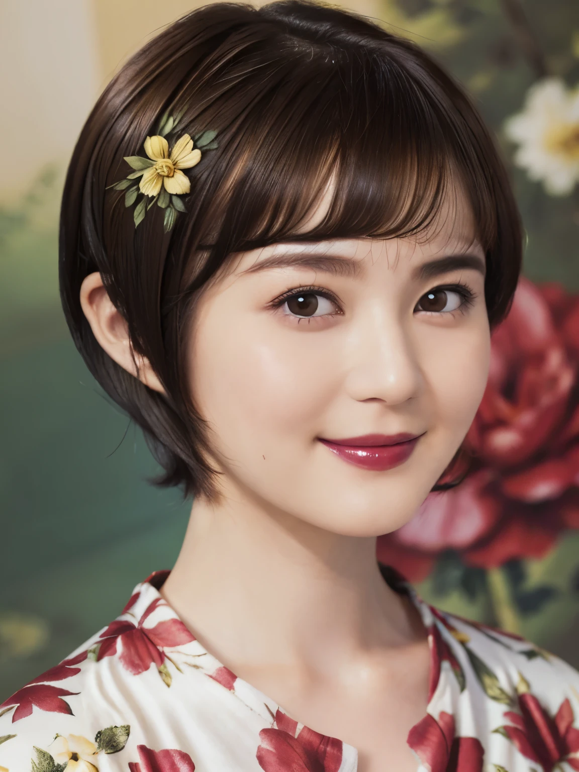 151
(20 year old woman,Floral clothing), (Super realistic), (high resolution), ((beautiful hairstyle 46)), ((short hair:1.46)), (gentle smile), (brest:1.1), (lipstick)
