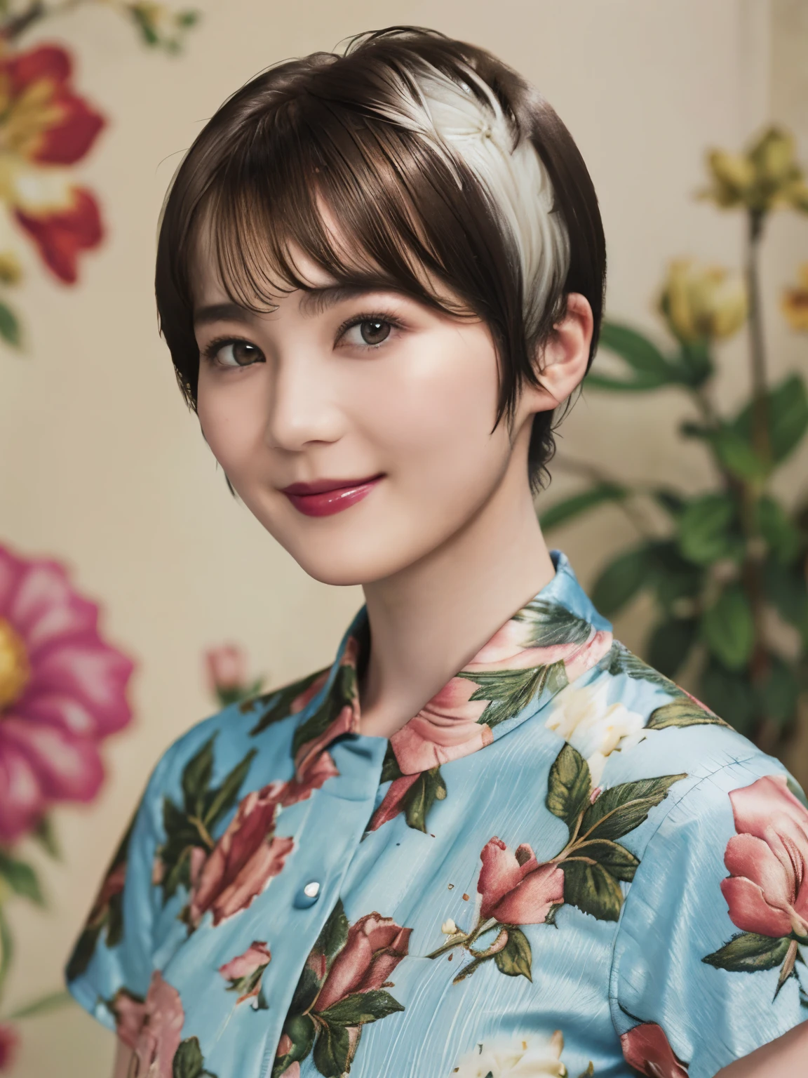 151
(20 year old woman,Floral clothing), (Super realistic), (high resolution), ((beautiful hairstyle 46)), ((short hair:1.46)), (gentle smile), (brest:1.1), (lipstick)
