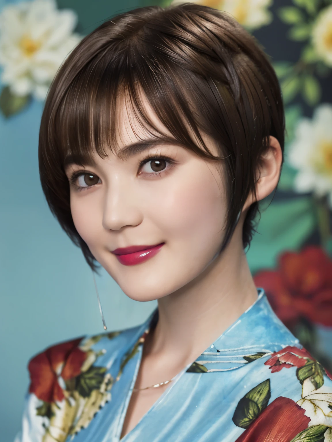 151
(20 year old woman,Floral clothing), (Super realistic), (high resolution), ((beautiful hairstyle 46)), ((short hair:1.46)), (gentle smile), (brest:1.1), (lipstick)
