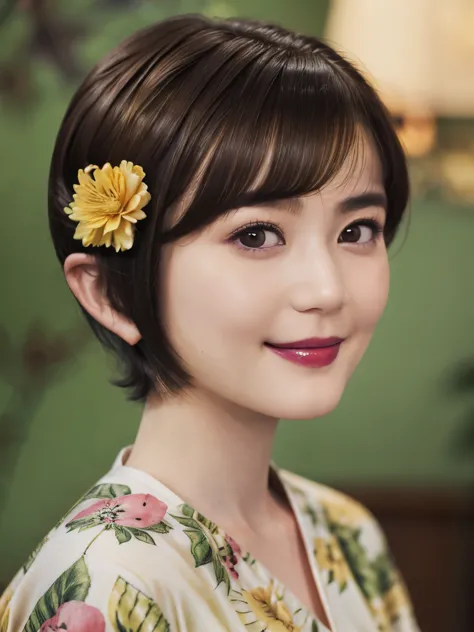 151
(20 year old woman,Floral clothing), (Super realistic), (high resolution), ((beautiful hairstyle 46)), ((short hair:1.46)), ...