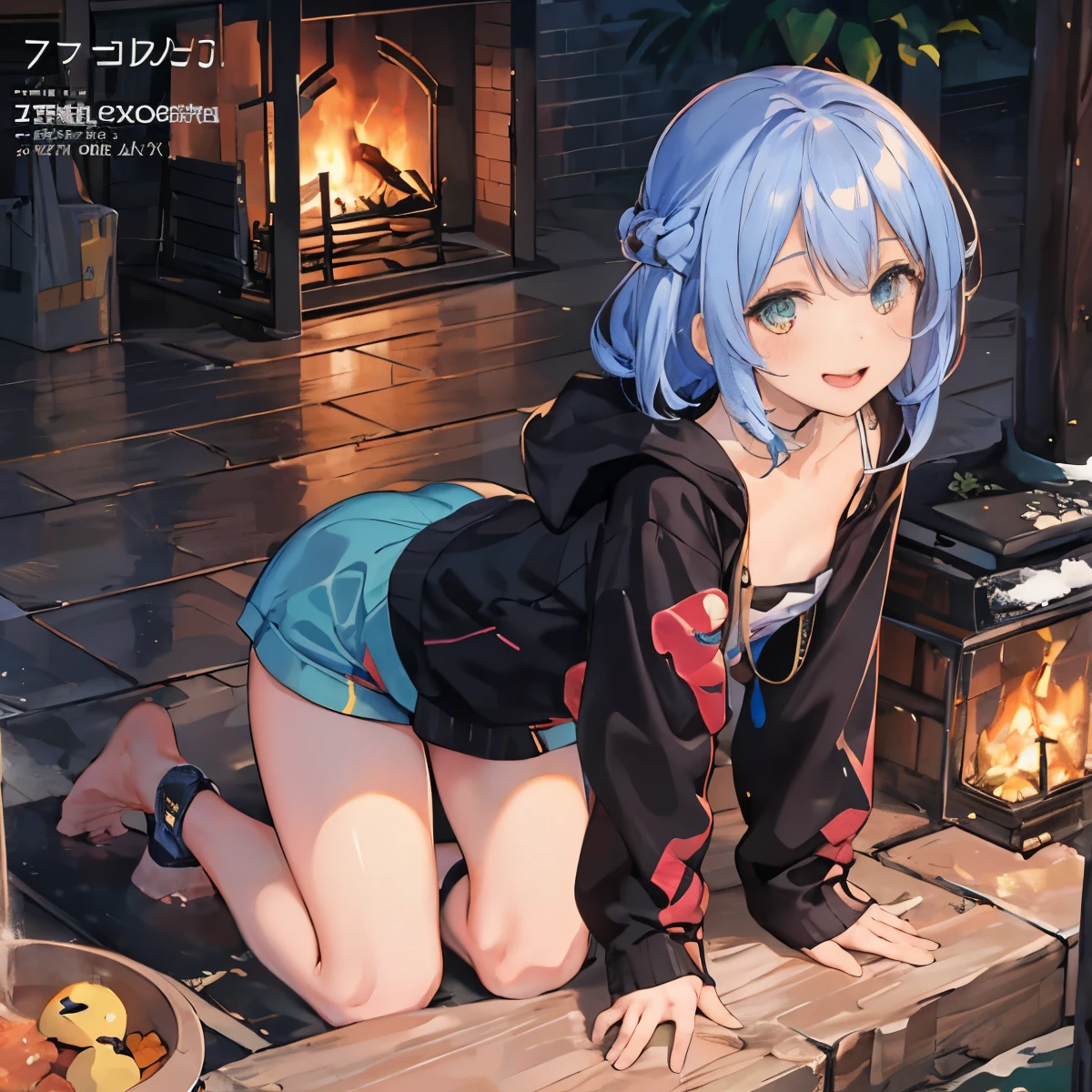 (highest quality, ),cute Kindergartener,small breasts, Winter household magazine cover,Jacket photo、hot style,Fireplace background, girls keeping warm,wonderful, 18+, NSFW,girls with arms behind their backs, 16 years old, wonderful, cute, smile, audience, article, shape, advertisement, magazine title, Lily \(Pokemon\), 暖炉のadvertisement, Are standing, cowboy shot, looking at the viewer, green eyes, smile, V arm,