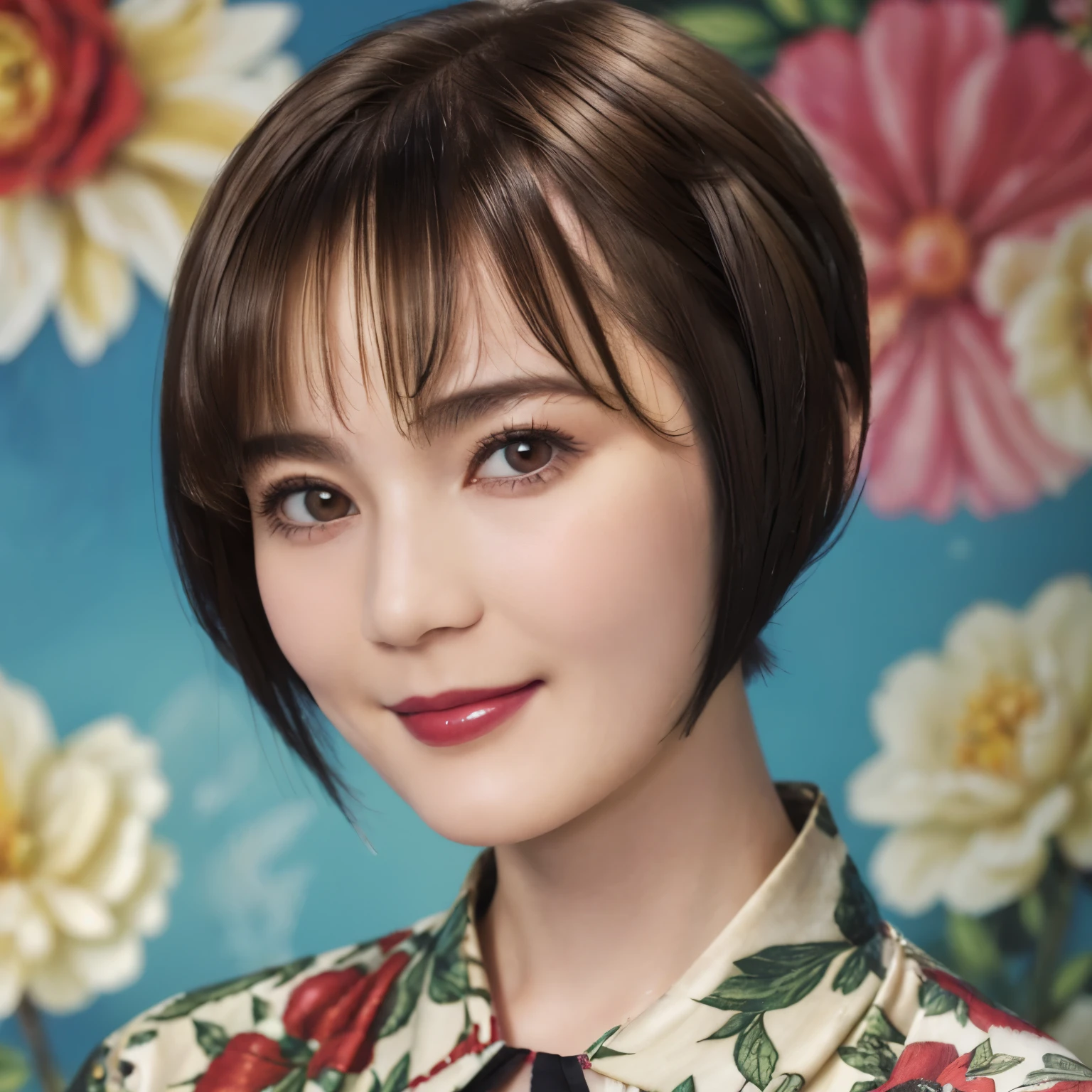 151
(20 year old woman,Floral clothing), (Super realistic), (high resolution), ((beautiful hairstyle 46)), ((short hair:1.46)), (gentle smile), (brest:1.1), (lipstick)
