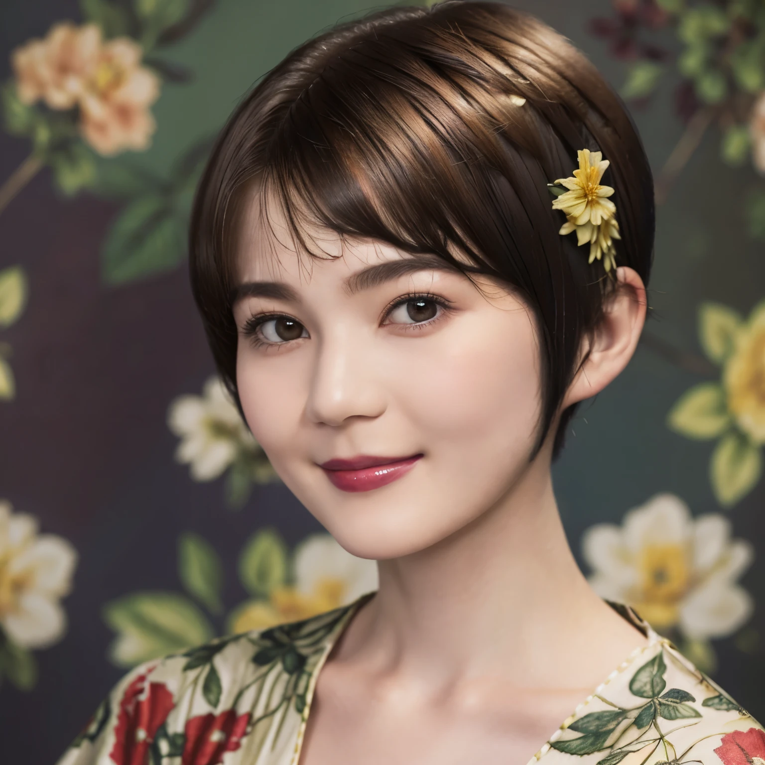 151
(20 year old woman,Floral clothing), (Super realistic), (high resolution), ((beautiful hairstyle 46)), ((short hair:1.46)), (gentle smile), (brest:1.1), (lipstick)
