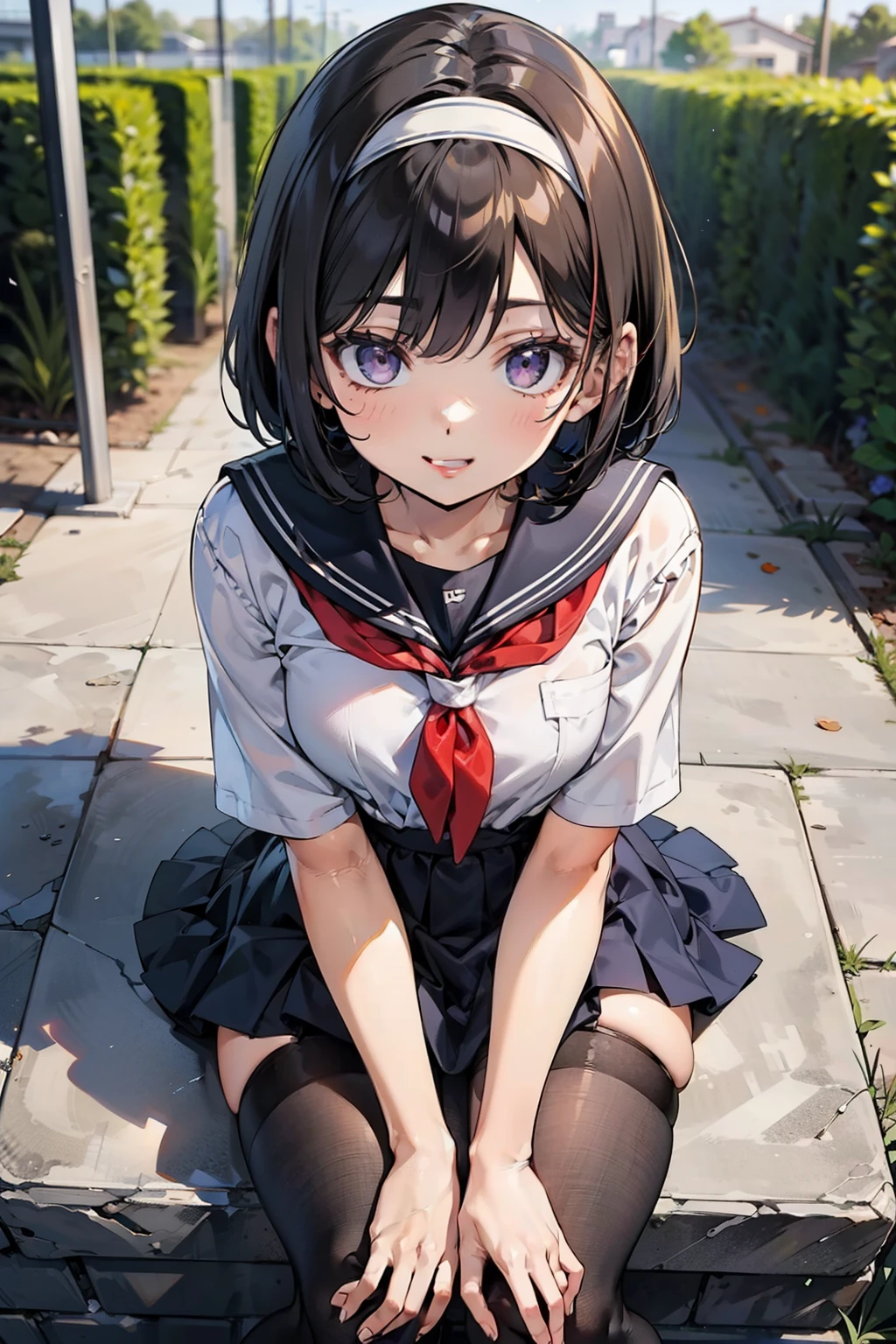 body 8 times longer than head, (Highly detailed CG unity 8k), (highest quality)，(very detailed)，(ultra high resolution), black hair, High school girl wearing a navy sailor suit, Anime 2D rendering, realistic young anime high school girl, ((White headband)), purple eyes, small breasts, tall, slanted eyes, (school scenery), black stockings, bright color, open your mouth, Dark blue skirt, bob cut, position looking down from above,  falling with one's back to the ground, shy smile, 