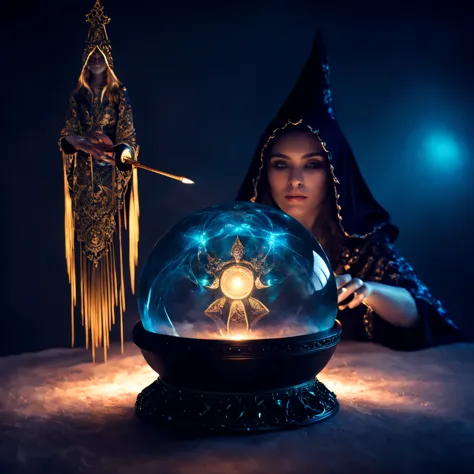 (double exposure:1,3), 3D rendering, raw digital photo, fractal, magic fortune telling ball, Sorceress girl and magic staff, moody lighting, canon p5, selective focus