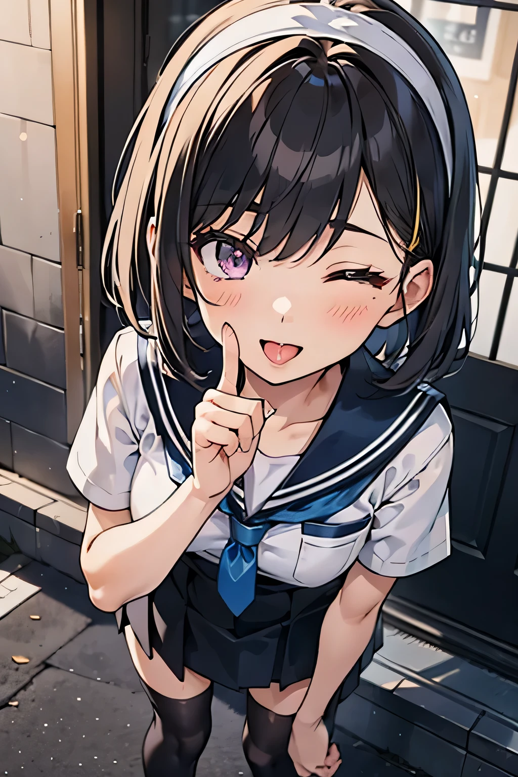 Body 8 times longer than head, (High-definition CG Unity 8K), (highest quality)，(very detailed)，(ultra high resolution), black hair, High school girl wearing a navy sailor suit, anime 2d rendering, realistic young anime , ((white headband)), purple eyes, small breasts, expensive, slanted eyes, (school scenery), black stockings, bright colors, open your mouth a little, dark blue skirt, bob cut, position looking down from above, Close your right eye (wink), sticking out the tongue through the mouth, raise the index finger of your right hand, Press the right eye with your right index finger, Tilt your face slightly to the right, 