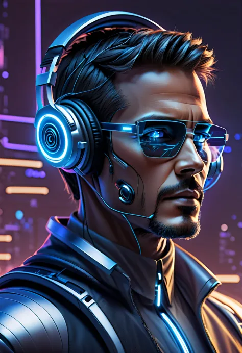 Visualize a radio host who appears to be cyber-enhanced and somewhat robotic, donning futuristic headphones. This host stands ta...