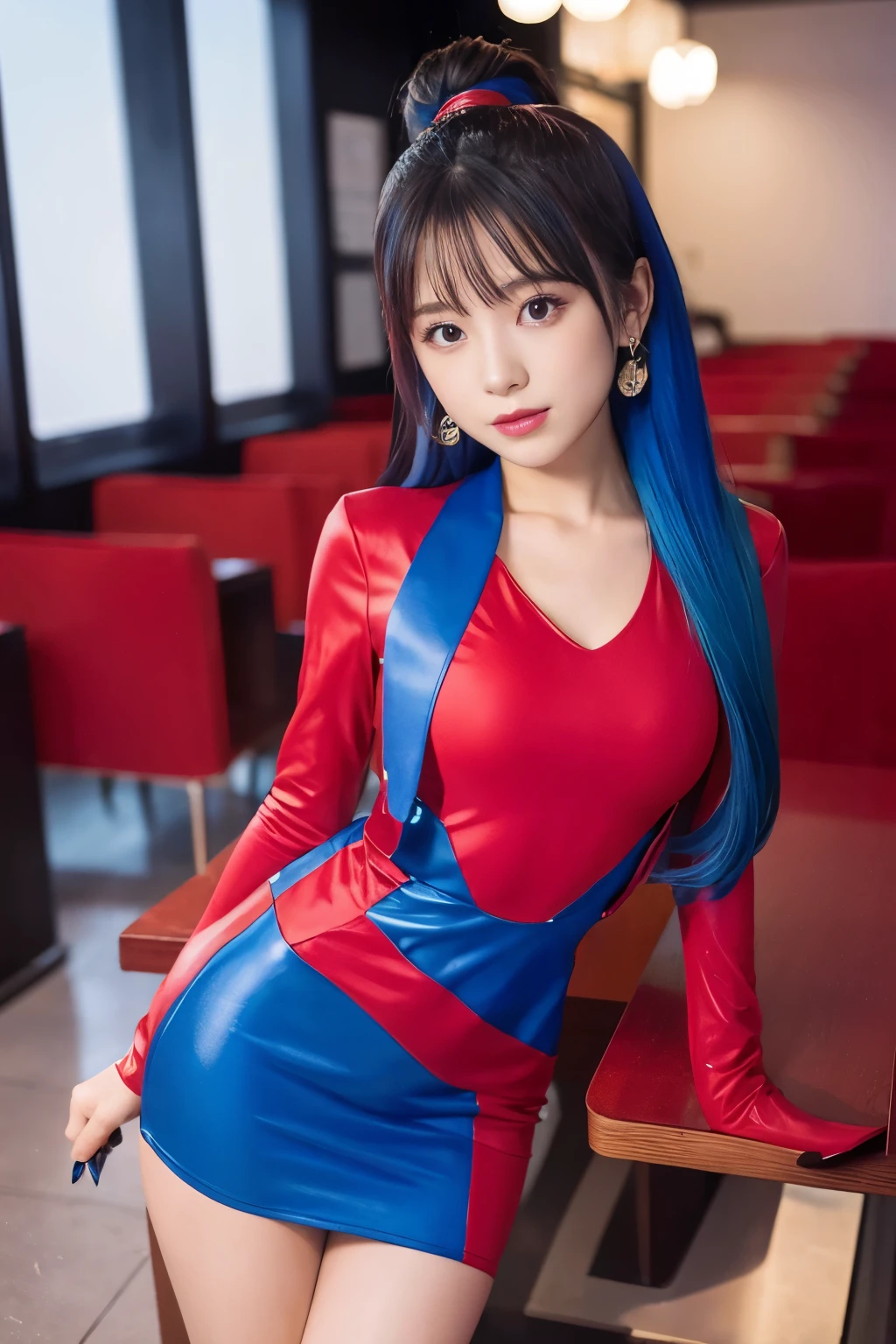 Ídolo、Bom estilo、、minivestido justo vermelho e azul、、、todo o corpo、Cabelo Colorido