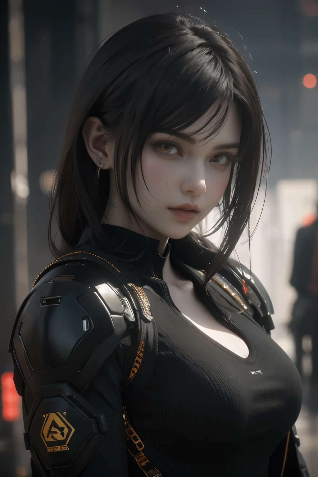 Game art，The best picture quality，Highest resolution，8k，(A bust photograph)，(Portrait)，(Head close-up)，(Rule of thirds)，Unreal Engine 5 rendering works， (The Girl of the Future)，(Female Warrior)， 22-year-old girl，(Female hackers)，(White，Ancient Oriental hairstyle)，((The pupils of the red eyes:1.3))，(A beautiful eye full of detail)，(Big breasts)，(Eye shadow)，Elegant and charming，indifferent，((anger))，(Cyberpunk jacket full of futuristic look，Joint Armor，There are exquisite Chinese patterns on the clothes，A flash of jewellery)，Cyberpunk Characters，Future Style， Photo poses，City background，Movie lights，Ray tracing，Game CG，((3D Unreal Engine))，oc rendering reflection pattern