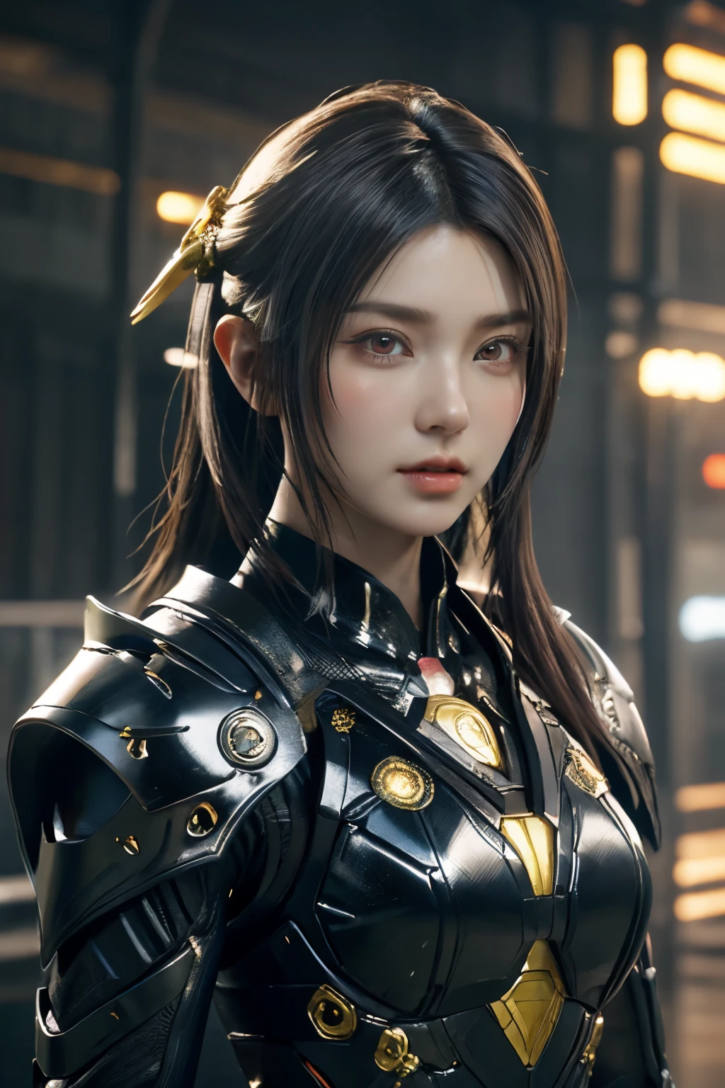 Game art，The best picture quality，Highest resolution，8K，(A bust photograph)，(Portrait)，(Head close-up)，(Rule of thirds)，Unreal Engine 5 rendering works， (The Girl of the Future)，(Female Warrior)， 22岁少女，(Female hackers)，(White，Ancient Oriental hairstyle)，((The pupils of the red eyes:1.3))，(A beautiful eye full of detail)，(Big breasts)，(Eye shadow)，优雅迷人，冷漠，((Anger))，(Cyberpunk jacket full of futuristic look，Joint Armor，There are exquisite Chinese patterns on the clothes，A flash of jewellery)，赛博朋克人物，未来风格， 拍照姿势，城市背景，Movie lights，Ray tracing，Game CG，((3D Unreal Engine))，oc渲染反射纹