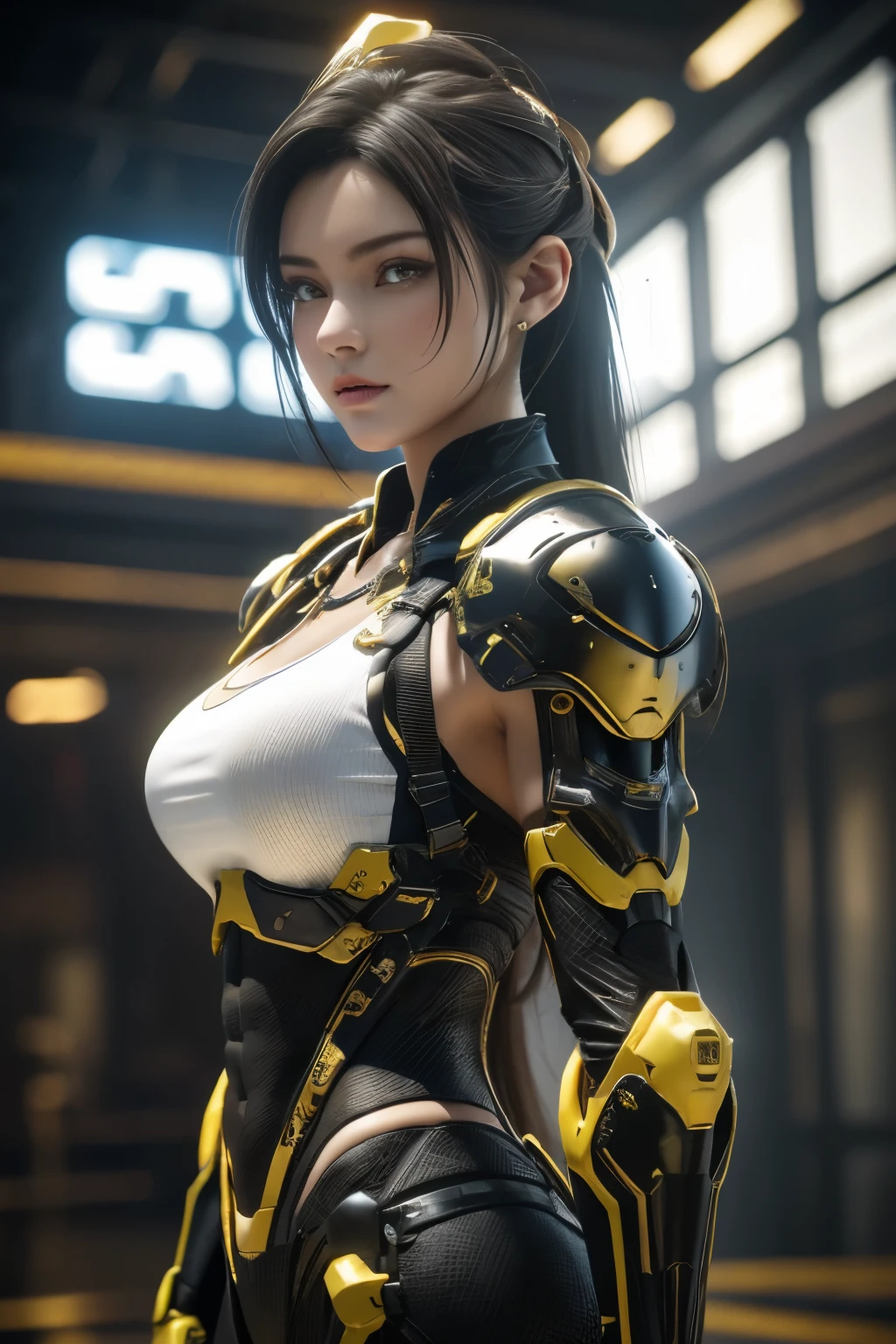 arte del juego，La mejor calidad de imagen，resolución más alta，8K，(Una fotografía de busto)，(Retrato)，(primer plano de la cabeza)，(Regla de los tercios)，El renderizado de Unreal Engine 5 funciona， (La chica del futuro)，(guerrera)， chica de 22 años，(Hackers femeninas)，(blanco，peinado oriental antiguo)，((Las pupilas de los ojos rojos.:1.3))，(Un hermoso ojo lleno de detalles.)，(pechos grandes)，(sombra)，Elegante y encantador，indiferente，((enojo))，(Chaqueta Cyberpunk llena de look futurista.，armadura conjunta，Hay exquisitos patrones chinos en la ropa.，Un destello de joyería)，personajes ciberpunk，estilo futurista， poses para fotos，fondo de la ciudad，luces de película，trazado de rayos，juego cg，((Motor irreal 3D))，Patrón de reflexión de renderizado OC