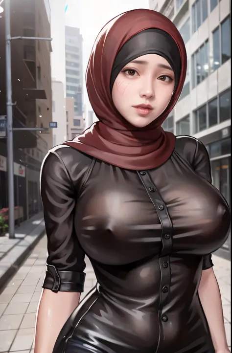 1 hijabgirl, holding_phone, solo, selfie,  standing, brown_eyes, long_black_hijab, long shirt and pants, breasts, red_lips, showing_breast, (P cup), in city street,korean girl ,sexy body, hot, body wet , gently smiling