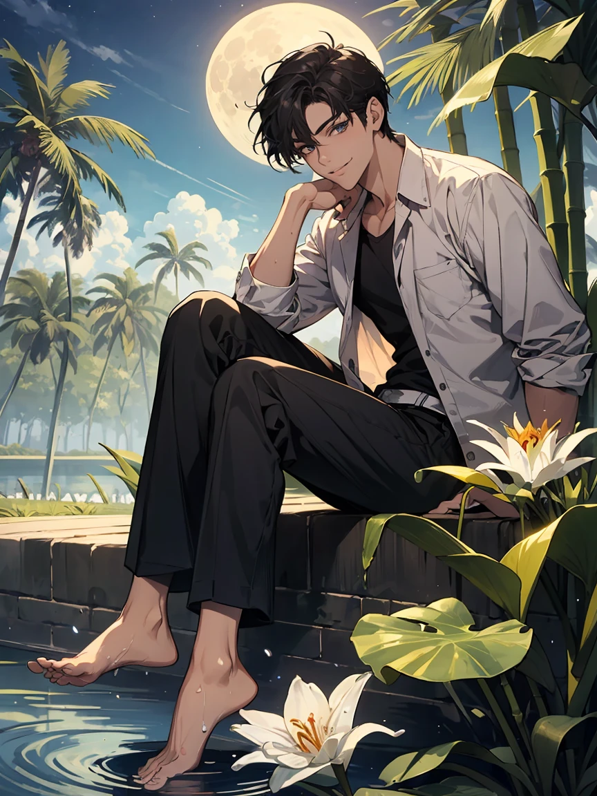 ((masterpiece,best quality)), 1 male, adult, handsome,full_moon, leaf, moon, plant, potted_plant, bamboo, 1guy, handsome man, palm_tree, butterfly, bug, water, tanabata, branch, barefoot, night, lily_pad, tanzaku, soaking_feet, vines, solo, outdoors, tree, very short black hair, wet, flower, smile, ivy, green_eyes, pants, lily_of_the_valley, sky, looking_at_viewer, palm_leaf, casual clothes, ((masterpiece,best quality)), beautiful detailed eyes, beautiful detailed face

