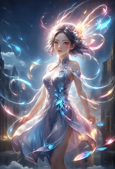 (Magical girl:1.8)，1 female，（violet dress），flowing tulle，Beautiful and elegant woman，Ride the majestic Phoenix，Soar into the clo...