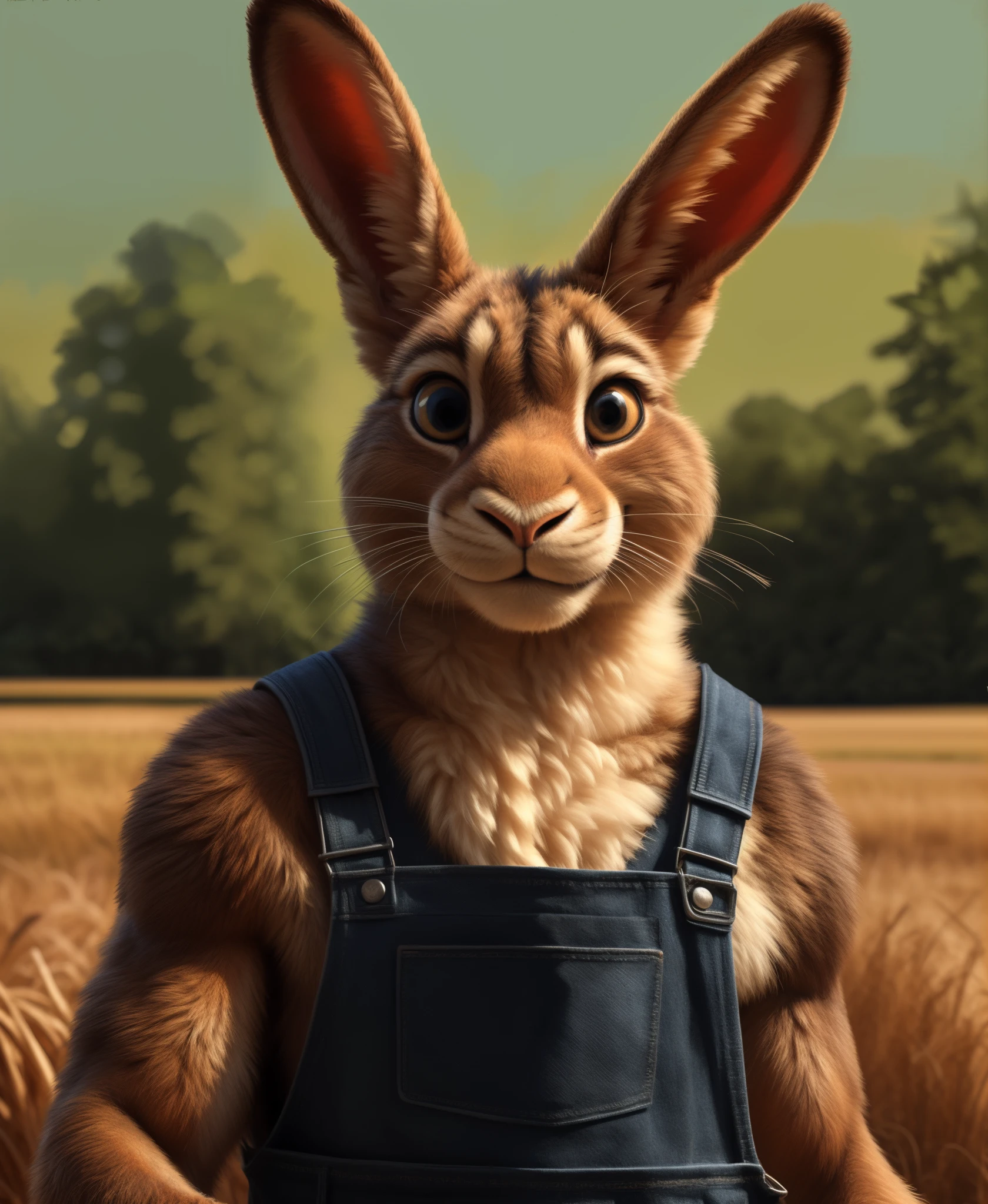 farm setting, rabbit, lagomorph, muscular, overalls, smile512, looking at viewer, by Kenket, (Sharp focus, masterpiece, 8k, intricate artwork, hyper detailed, high detail)