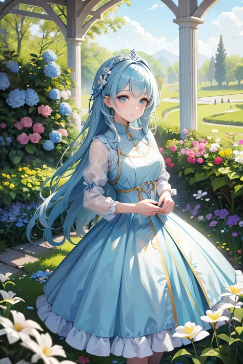 beautiful noble girl in light blue clothes standing in the garden with flowers