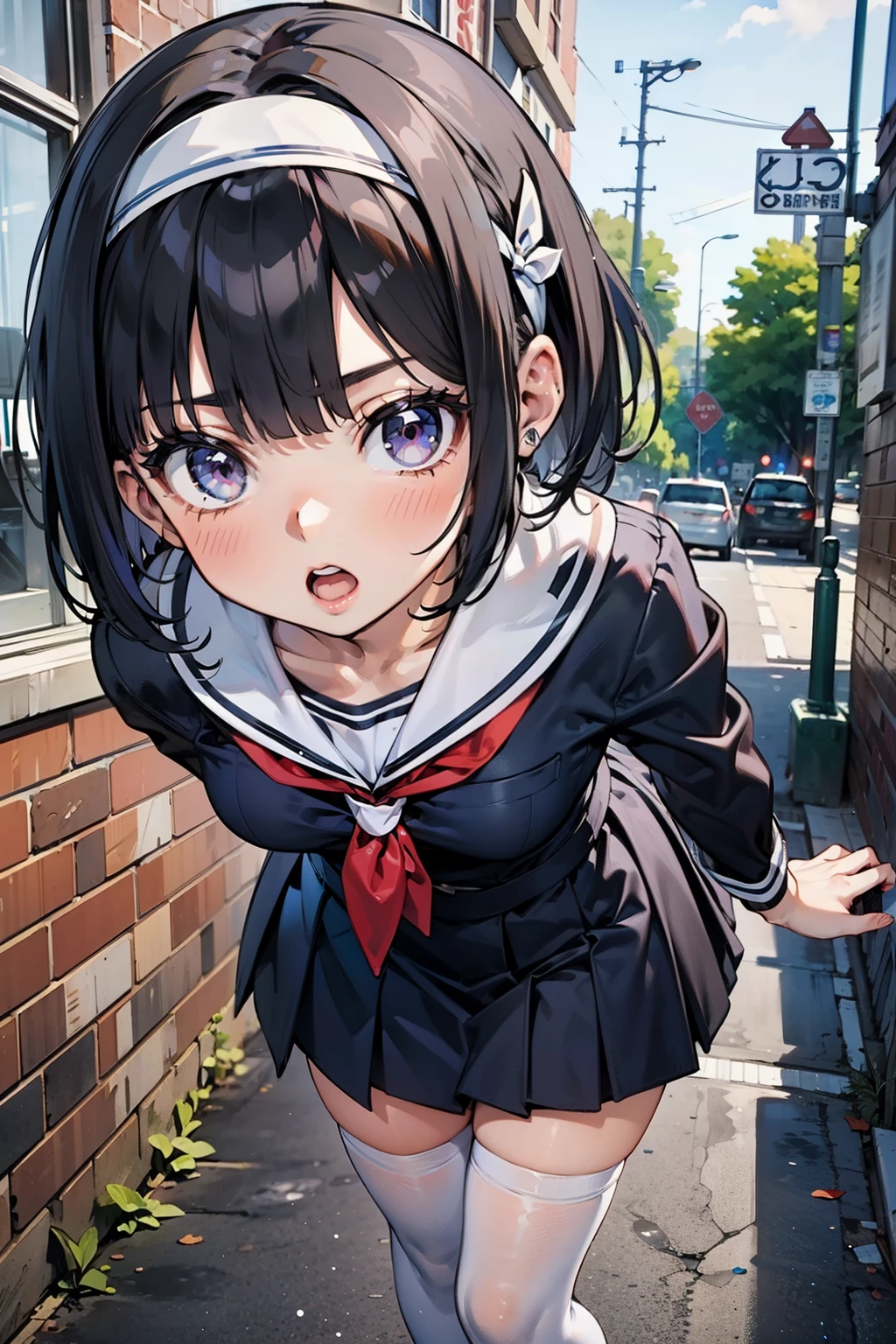 body 8 times longer than head, (Highly detailed CG unity 8k), (highest quality)，(very detailed)，(ultra high resolution), black hair, High school girl wearing a navy sailor suit, Anime 2D rendering, realistic young anime high school girl, ((White headband)), purple eyes, small breasts, tall, slanted eyes, (school scenery), black stockings, bright color, open your mouth, Dark blue skirt, bob cut, position looking down from above,  tripping on the right foot, lean forward, 