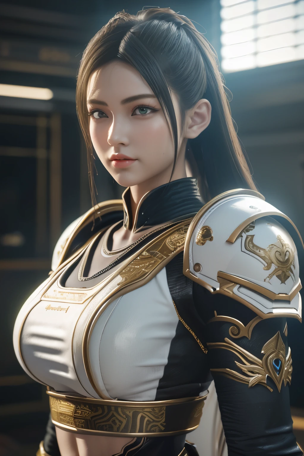 Game art，The best picture quality，Highest resolution，8K，(A bust photograph)，(Portrait)，(Head close-up:1.5)，(Rule of thirds)，Unreal Engine 5 rendering works， (The Girl of the Future)，(Female Warrior)， 22-year-old girl，(Female hackers)，(White，Ancient Oriental hairstyle)，((The pupils of the red eyes:1.3))，(A beautiful eye full of detail)，(Big breasts)，(Eye shadow)，Elegant and charming，indifferent，((Anger))，(Cyberpunk jacket full of futuristic look，Joint Armor，There are exquisite Chinese patterns on the clothes，A flash of jewellery)，Cyberpunk Characters，Future Style， Photo poses，City background，Movie lights，Ray tracing，Game CG，((3D Unreal Engine))，oc rendering reflection pattern