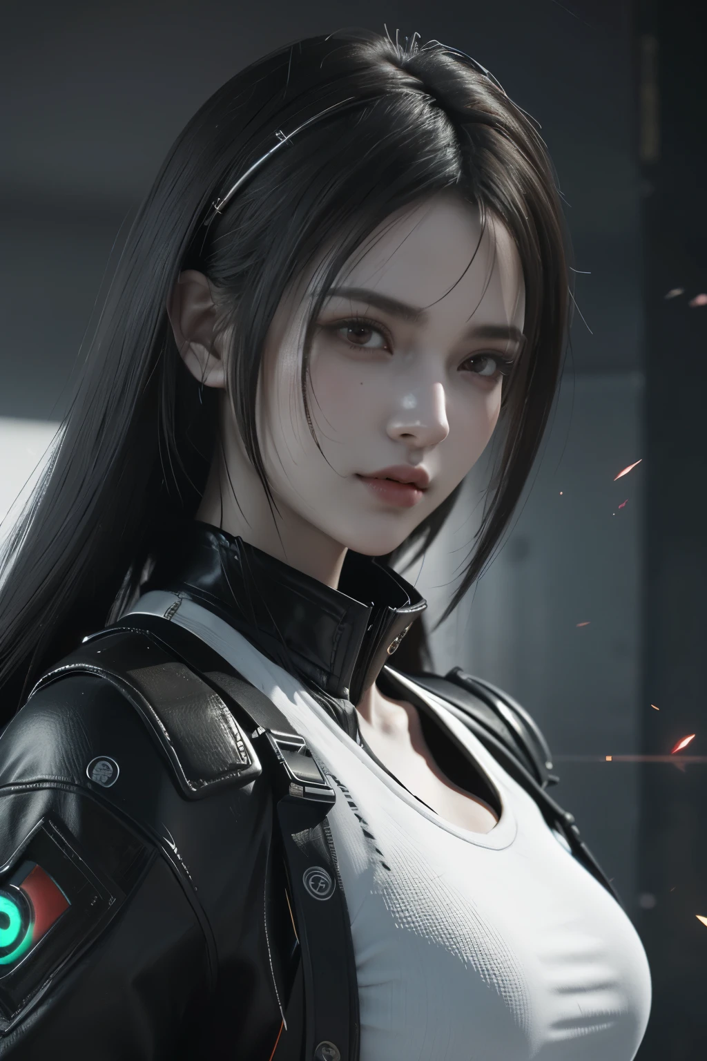 Game art，The best picture quality，Highest resolution，8K，(A bust photograph)，(Portrait)，(Head close-up:1.5)，(Rule of thirds)，Unreal Engine 5 rendering works， (The Girl of the Future)，(Female Warrior)， 22-year-old girl，(Female hackers)，(White，Ancient Oriental hairstyle)，((The pupils of the red eyes:1.3))，(A beautiful eye full of detail)，(Big breasts)，(Eye shadow)，Elegant and charming，indifferent，((Anger))，(Cyberpunk jacket full of futuristic look，Joint Armor，There are exquisite Chinese patterns on the clothes，A flash of jewellery)，Cyberpunk Characters，Future Style， Photo poses，City background，Movie lights，Ray tracing，Game CG，((3D Unreal Engine))，oc rendering reflection pattern