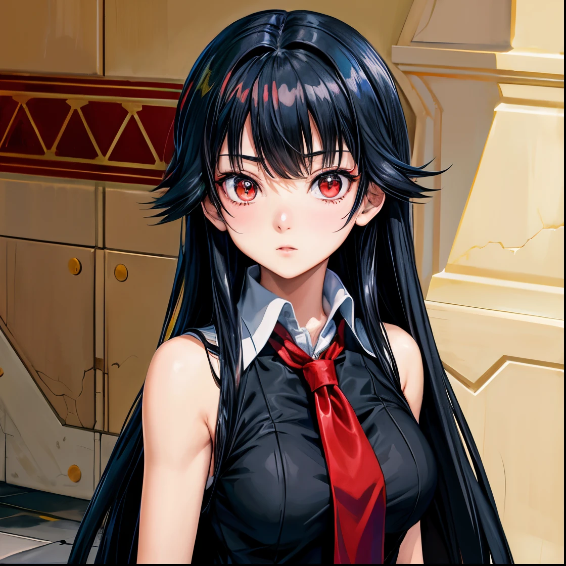 Anime girl with long black hair and red tie standing in front of a wall -  SeaArt AI