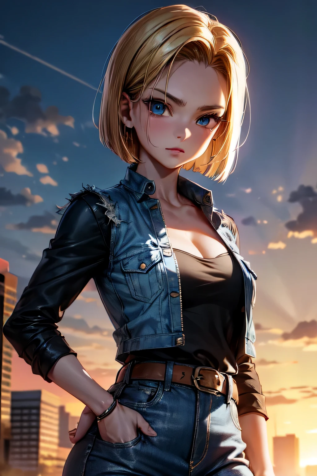 android 18, android 18, blonde hair, blue eyes, eyelash, hoop earrings, short hair, earrings, break belt, black legwear, black shirt, breast pocket, cleavage, clavicle, denim, denim skirt, high-waist skirt, jewelry, long sleeve, pocket, shirt, shirt tucked in, skirt, striped, striped sleeves, waistcoat,, break outdoors, city, null, cloud, sun, break looking at viewer, (cowboy shot:1.5), break (masterpiece:1.2), highest quality, High resolution, unity 8k wallpaper, (shape:0.8), (beautiful and detailed eyes:1.6), highly detailed face, perfect lighting, Very detailed CG, (perfect hands, perfect anatomy)