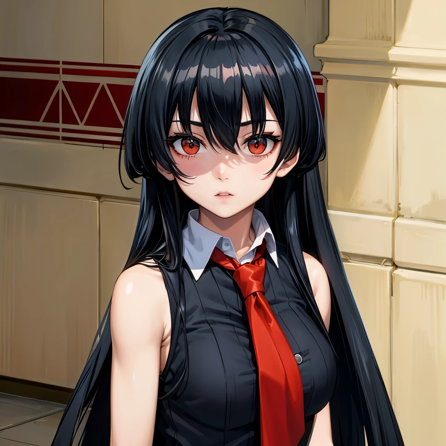 Anime girl with long black hair and red tie standing in front of a wall -  SeaArt AI