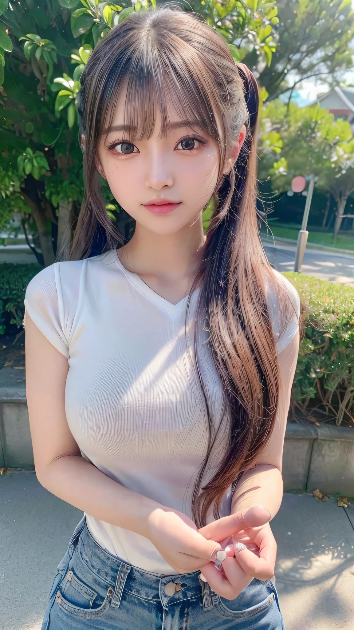 blush,14 years old,long hair ponytail,wearing a polo shirt,Wearing jeans,Enjoying dating,amusement park,close up of face,((8K, Raw photo, best quality, muste piece:1.2), (Reality, photorealistic:1.4), (Highly detailed 8K wallpaper), Depth of bounds written, cinematic lighting, soft light, detailed beauty eye,Shiny and smooth light brown ponytail, asymmetrical bangs, shiny skin, super detailed skin ,high resolution, high detail, detailed hairstyle, detailed beauty face, hyper real, perfect limbs, perfect anatomy ,1 Japanese girl,famous japanese idol, perfect female body,shy smile,short eyelashes,double-edged eyelids,look straight here,Hair style is ponytail,Do not join hands