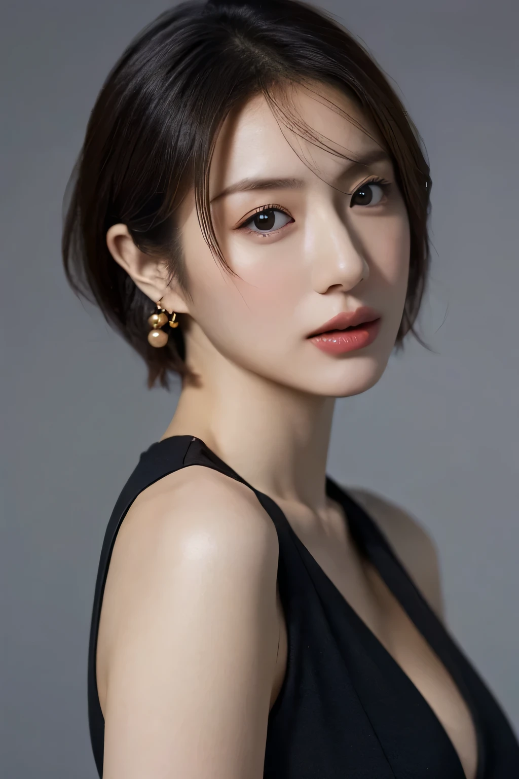 (highest quality,8K,masterpiece),studio photography,gray background,Low - Angle,portrait,Photographed from the front,
Very beautiful Japan models,fine skin,realistic skin, lip gloss,rouge,
very short hair,pixie cut,
big earrings,
big breasts,thighs,emphasize cleavage,