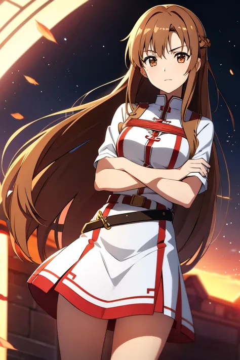 asuna, anime art style, 1girl, solo, long_hair, skirt, brown_hair, brown_eyes, very_long_hair, belt, crossed_arms