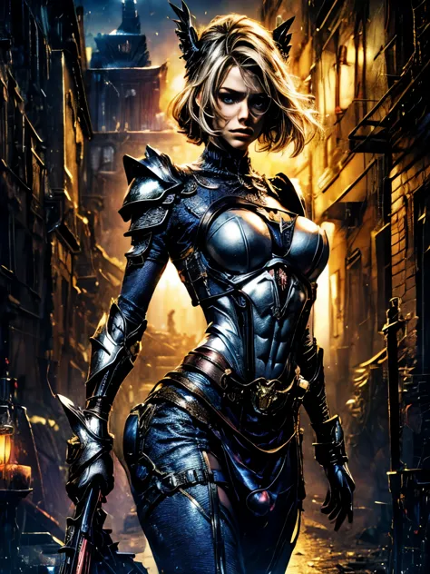  a sexy female knight wearing Lovecraftian armour,  she has a serious look on her face, it is early morning, she is in the middl...
