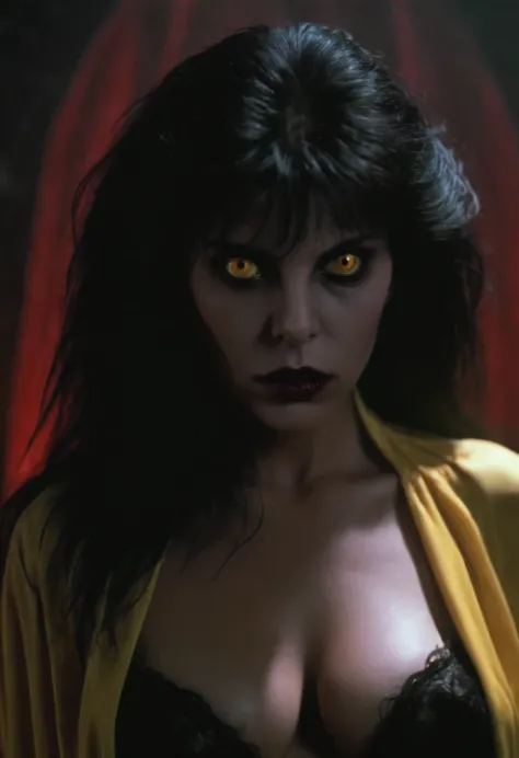 Horror-themed,  Cinematic medium Wide Shot Film Footage captured by Panavision Cameras and Lenses, Vampire Human Regine a nude vampire woman with a black bra top and a yellow vampire eye lenses, and red background, staring at camera with serious look on he...