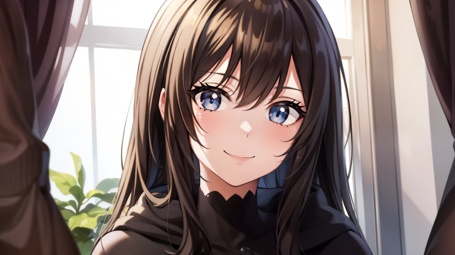 aisaka_ame, medium hair, ahoge, black medium hair, blue eyes, chubby face, medium breast, casual outfit, smile, standing, teasing, BREAK looking at viewer, BREAK (masterpiece:1.2), best quality, high resolution, unity 8k wallpaper, (illustration:0.8), (beautiful detailed eyes:1.6), extremely detailed face, perfect lighting, extremely detailed CG, (perfect hands, perfect anatomy)