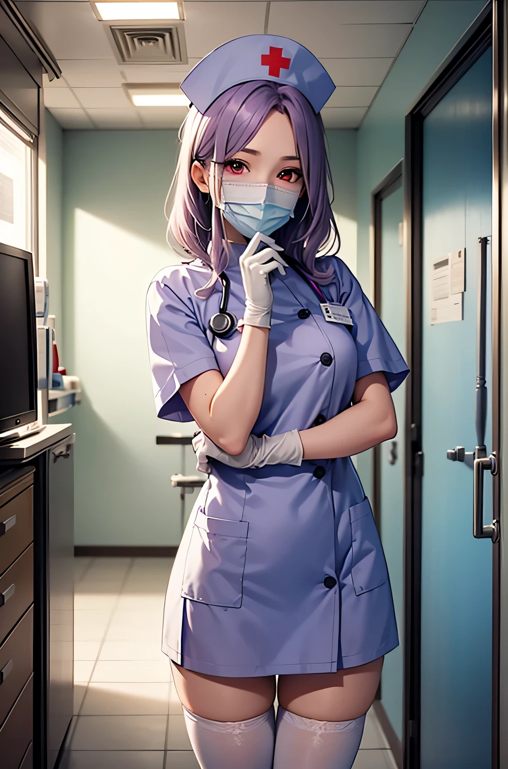 1 female, alone, nurse, nurse cap, Whiteware, ((white legwear, zettai ryouiki)), white gloves, long hair, purple hair, red eyes, ((White surgical mask, Covered nose)), Are standing, ((hospital room)), sharp outline, short sleeve, mature woman, 35 years old, highest quality, masterpiece