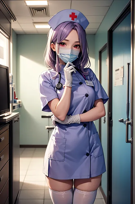 1 female, alone, nurse, nurse cap, Whiteware, ((white legwear, zettai ryouiki)), white gloves, long hair, purple hair, red eyes,...