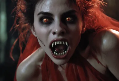 Horror-themed,  Cinematic Closeup Shot Film Footage captured by Panavision Cameras and Lenses, vampire creature, Vanessa a vampire creature with a large open vampire mouth and a vampire fangs teeth in a red-dress, screaming at camera with scary vampire fac...
