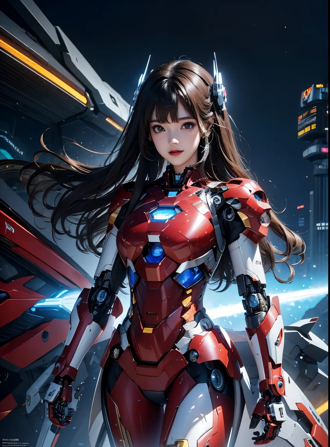  Super detailliert, Erweiterte Details, gute Qualität, 最gute Qualität, Hohe Auflösung, 1080P, hard disk, Schön,(Eisen Mädchen),Schönサイボーグの女性,Mecha cyborg girl,Kampfmodus,Mecha-Körper-Mädchen,Sie trägt einen Iron Man-Mech,Ganzkörperaufnahme