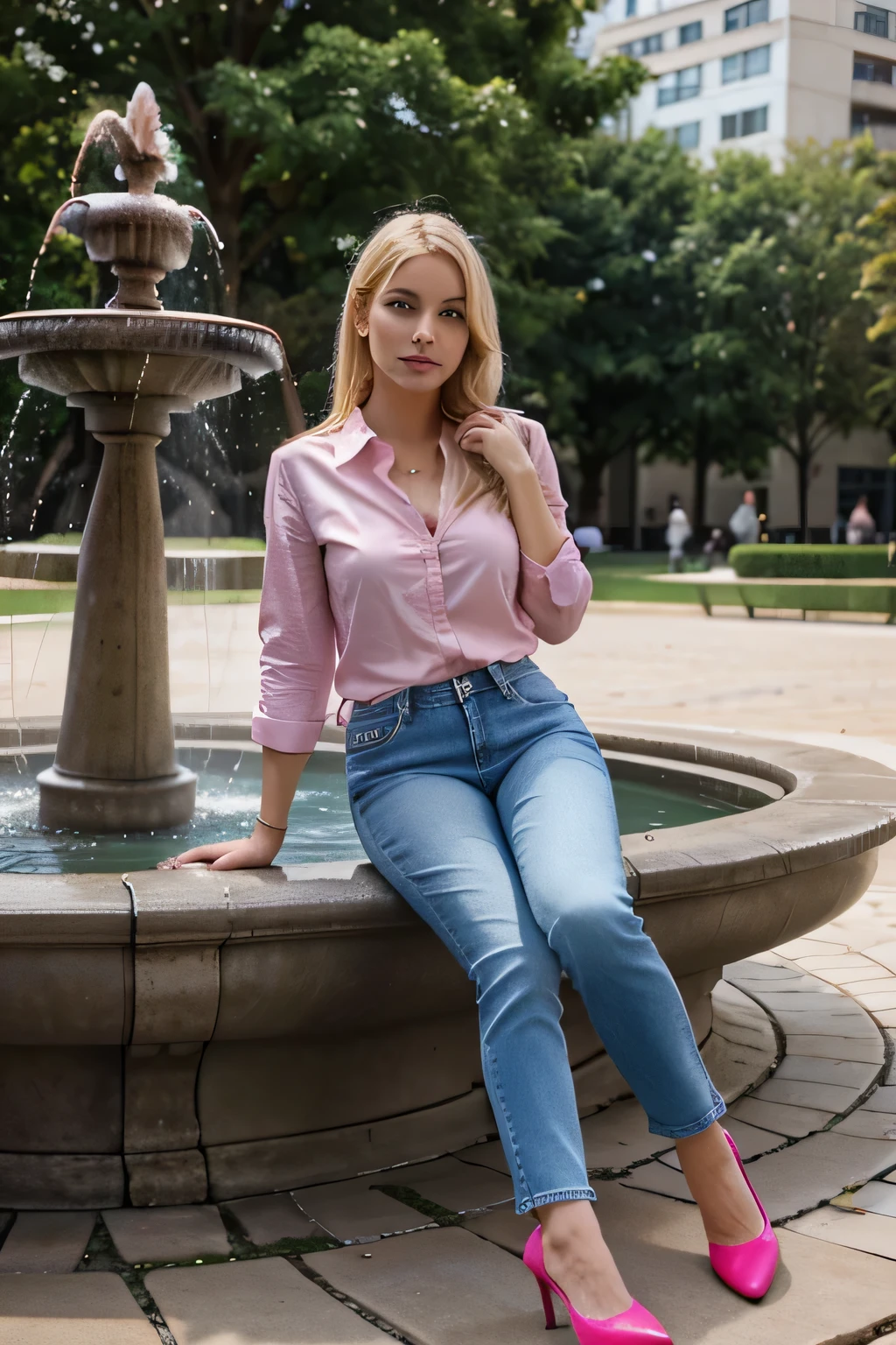 Arafed femme assise sur une fontaine avec une chemise rose et un jean -  SeaArt AI