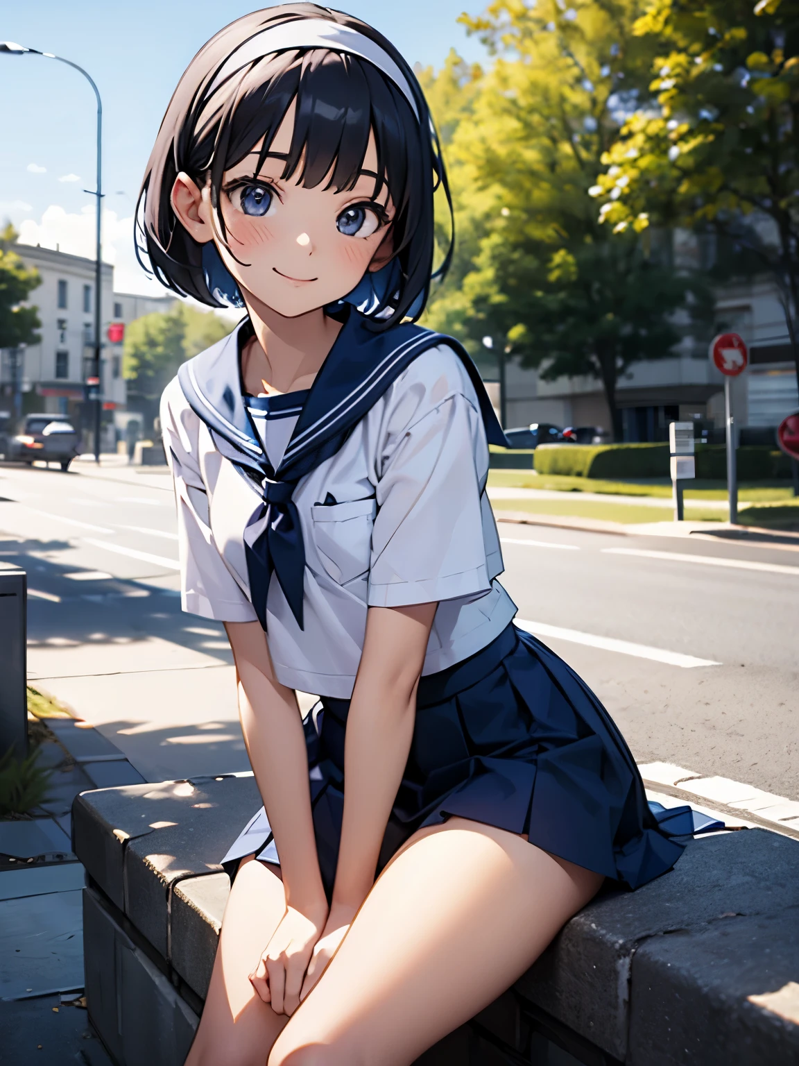 (Highly detailed CG unity 8k), (highest quality)，(very detailed)，(ultra high resolution), (fine eyes), (detailed facial features), (Detailed features of clothing), HDR, 8K resolution, navy blue sailor uniform, High school girl in sailor suit, Dark blue skirt, Anime 2D rendering, smile, black hair, (((navy blue sailor uniform))), black stockings, (((school scenery))), (((small face))), bob cut, ((White headband)), Happy pose,