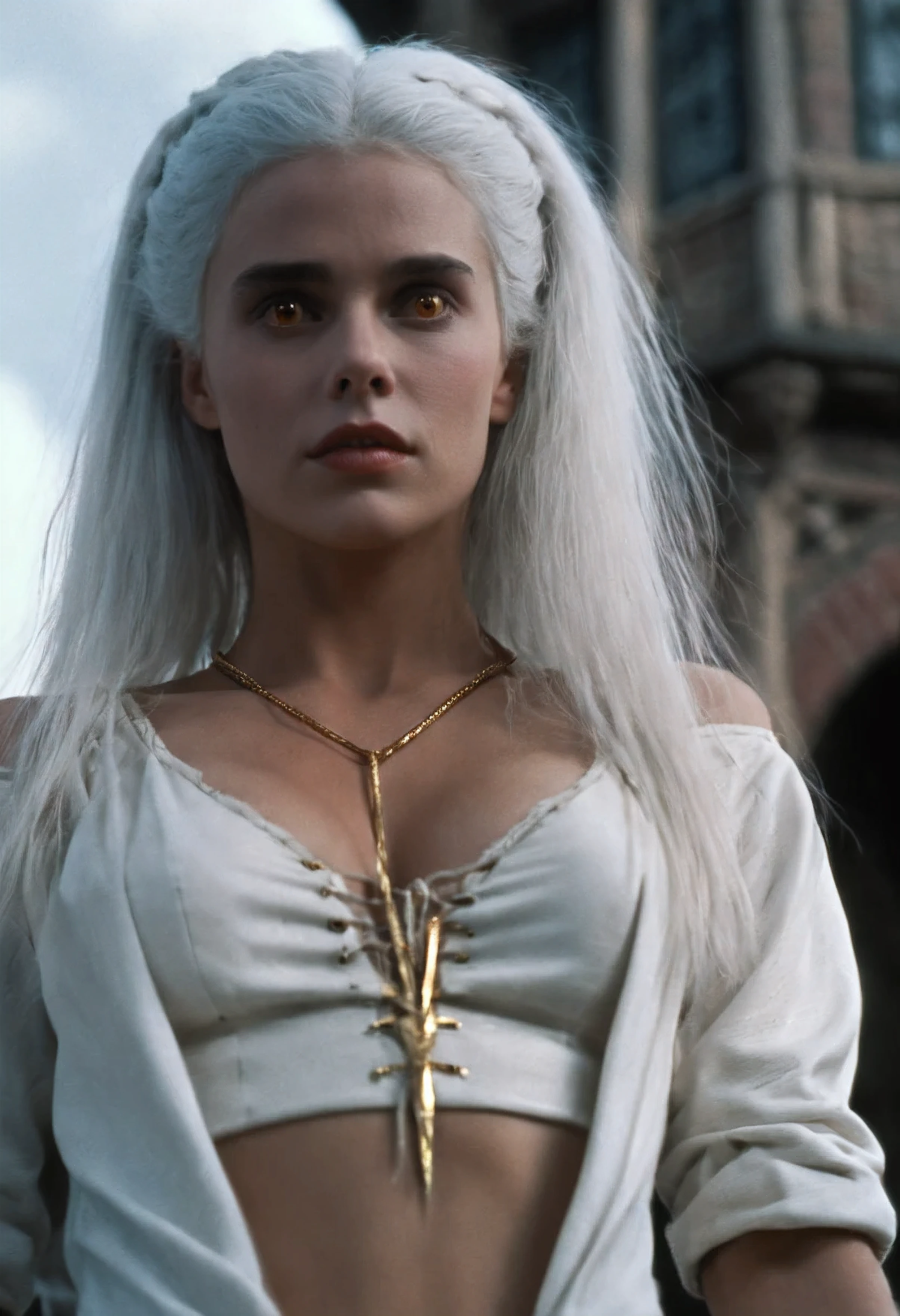 melhor qualidade, obra de arte, mulher de cabelo branco, olhos dourados, Roupas brancas justas, centro da cidade medieval Noite de Terror 1985 Estilo de Filme olhando para cima, tronco, mecha de cabelo, Pele clara, Tranças laterais, detalhado, alta saturação