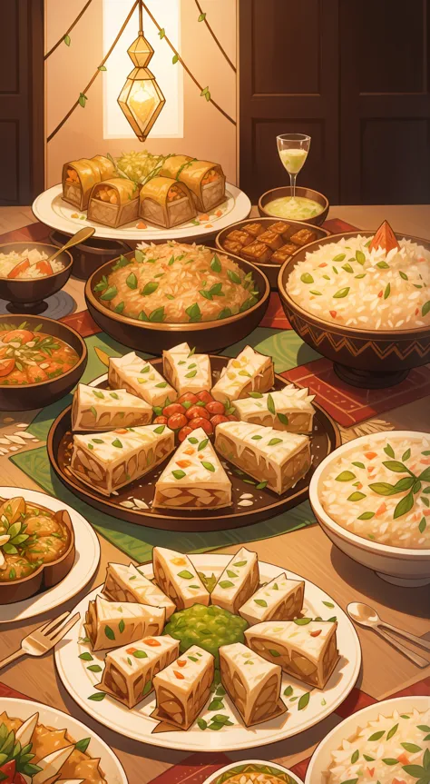Illustrate a lavish spread of delicious Eid delicacies, including succulent lamb or goat dishes, aromatic rice, and an array of delectable sweets like baklava and ma'amoul.