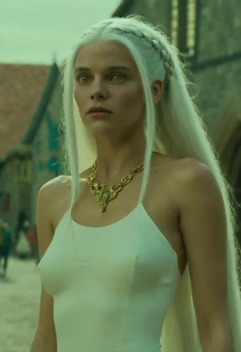 best quality, masterpiece, woman white hair, gold eyes, skimpy white clothes, medieval town-center Fright Night 1985 Film Style looking up, upper body, hair strand, Fair skin, side braids, detailed, high saturation