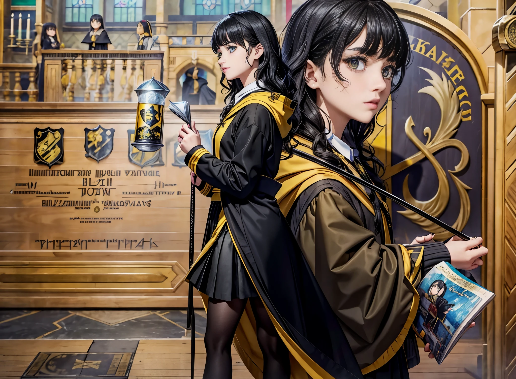 gray eyes、Eyebrows are hidden by bangs、wavy hair、dark haired ukrainian woman、hufflepuff girl、hogwarts、Harry potter、black skirt、black robe with yellow lining、gray sweater、black and yellow tie、black loafers