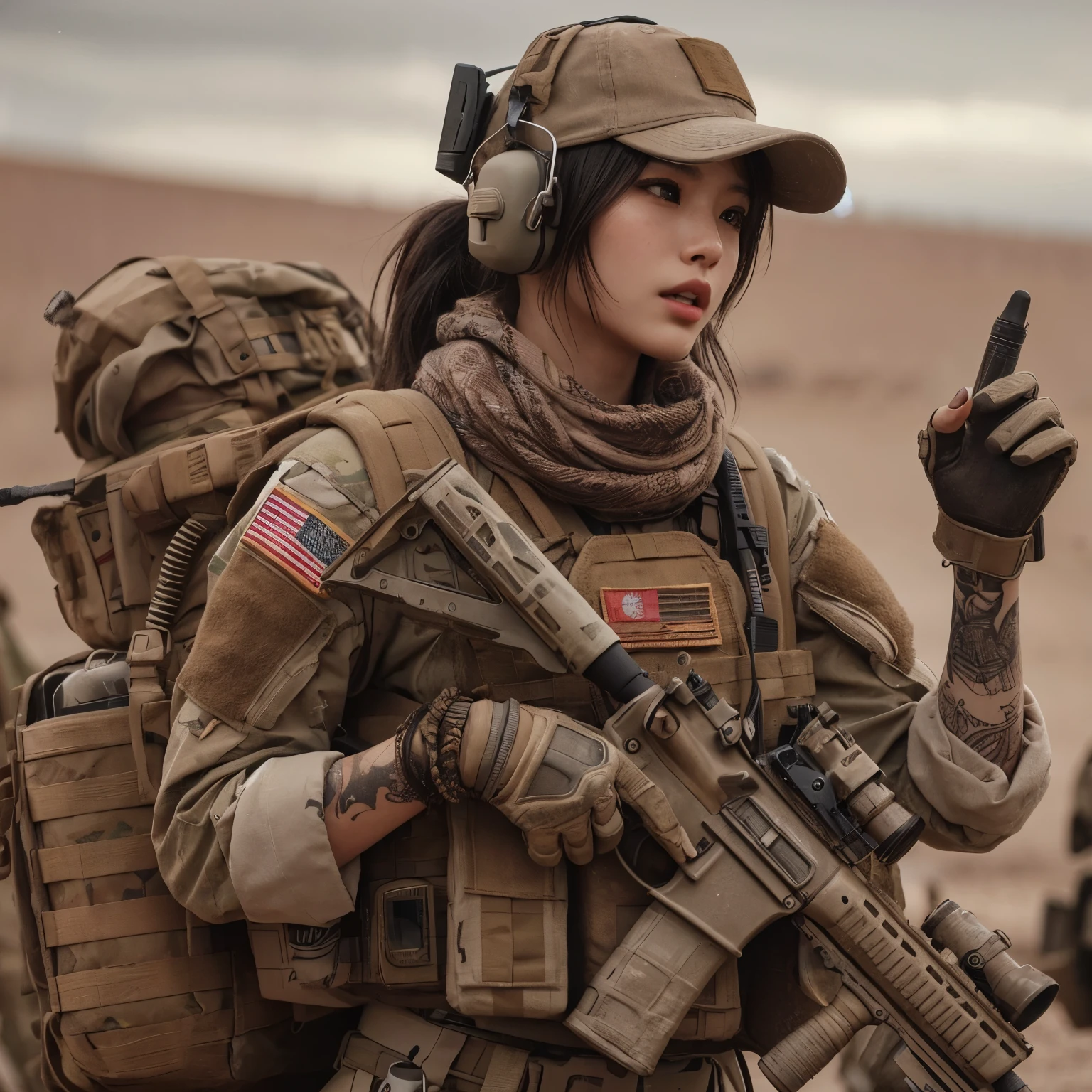 photorealistic、Realistic skin textures、A beautiful Japanese woman belonging to the U.S. military is talking with gestures at a base camp set up in a wasteland.、tent、military vehicle、automatic rifle propped up、bulletproof vest、afghan scarf、baseball cap、Backpack、Heavy equipment、tattoo、boots、scratch、Action poses with movement、