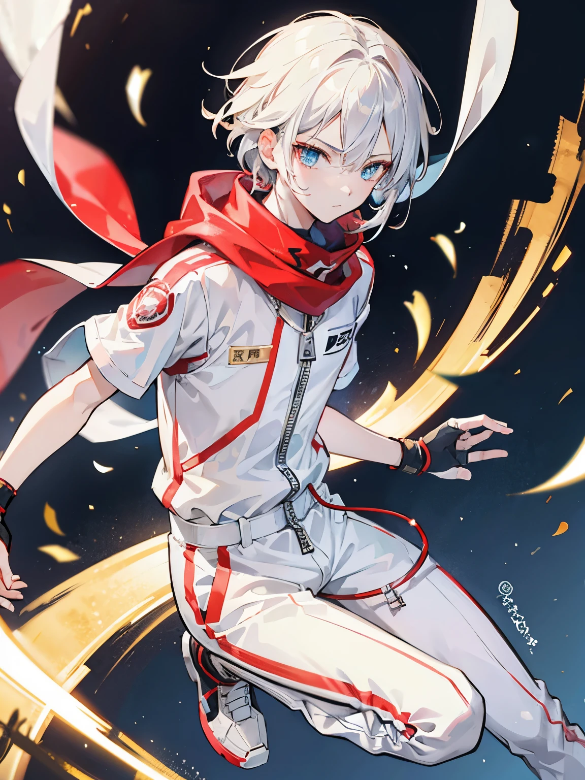 Anime characters，Game CG，8K quality，((young boy))，Youthful feeling，Anime male protagonist，silver hair red dye，short，straight hair，Squint viewing angle，wing，goggles，((White and gold jumpsuits))，Technical fingerless gloves，(Racing boots)，flight，whole body image，Tech city，scarf，Fingers are normal，angelic，Exquisite facial features，exquisite eyes
