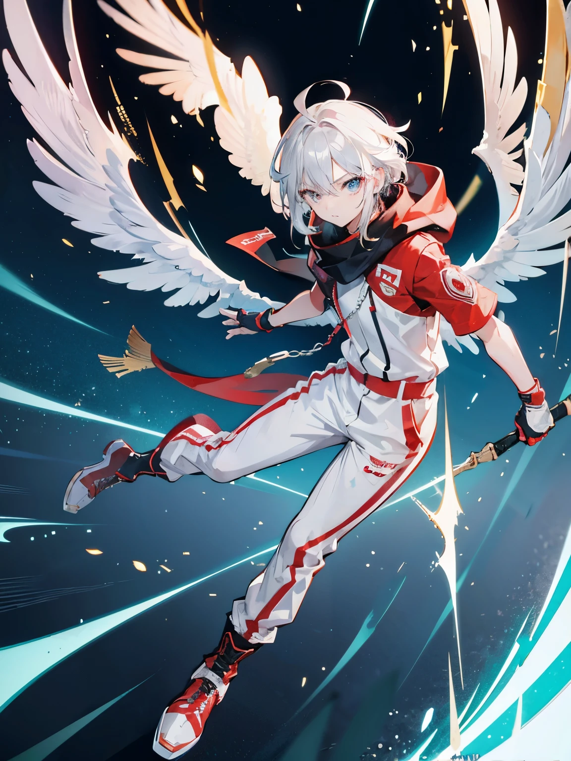 Anime characters，Game CG，8K quality，((young boy))，Youthful feeling，Anime male protagonist，silver hair red dye，short，straight hair，Squint viewing angle，wing，goggles，((White and gold jumpsuits))，Technical fingerless gloves，(Racing boots)，flight，whole body image，Tech city，scarf，Fingers are normal，angelic，Exquisite facial features，exquisite eyes