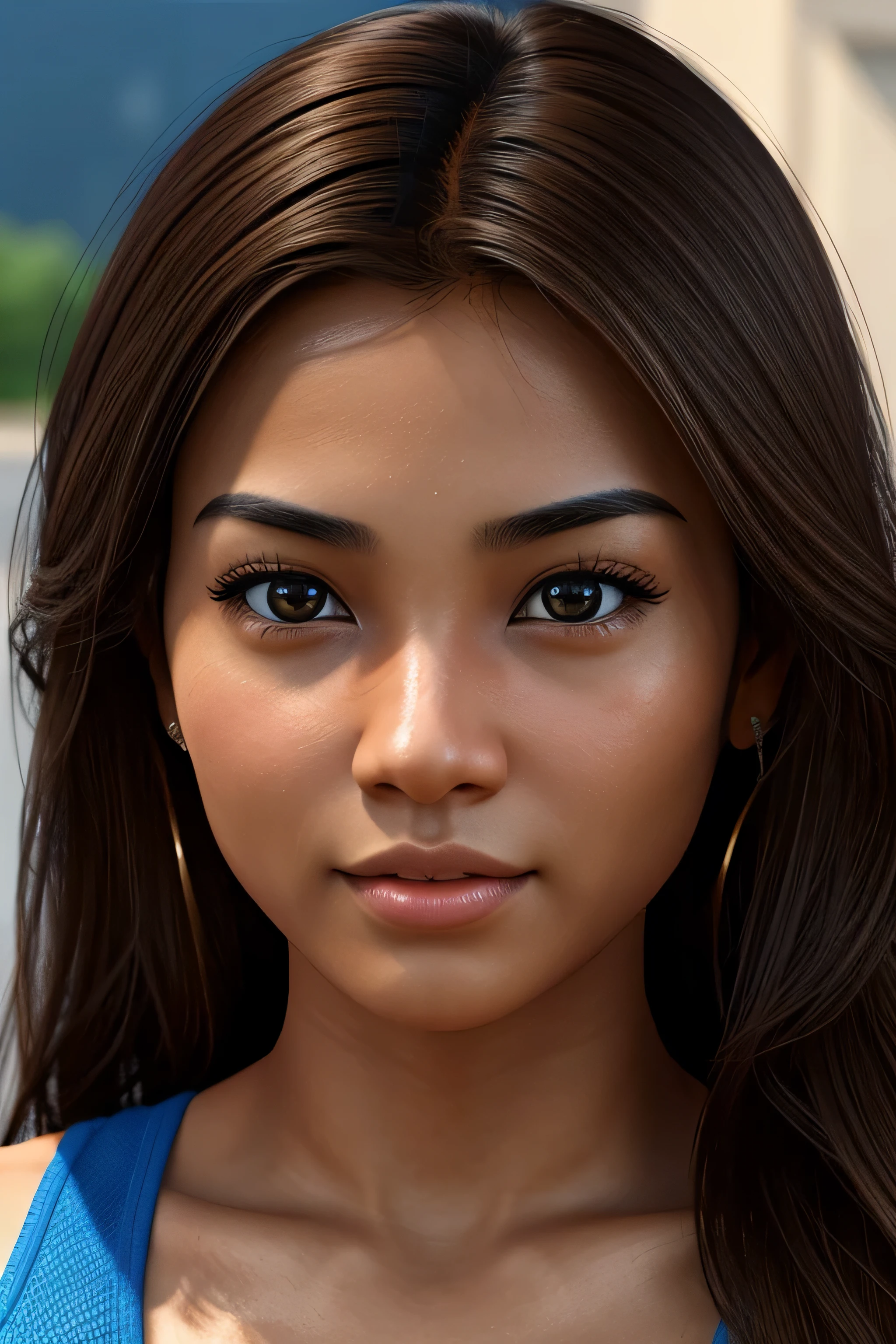 Generate an image of a mixed-race girl from Asian countries, passionate about sim racing and fitness, with brown hair that is not too wavy, and blue/cerulean eyes and cute face.