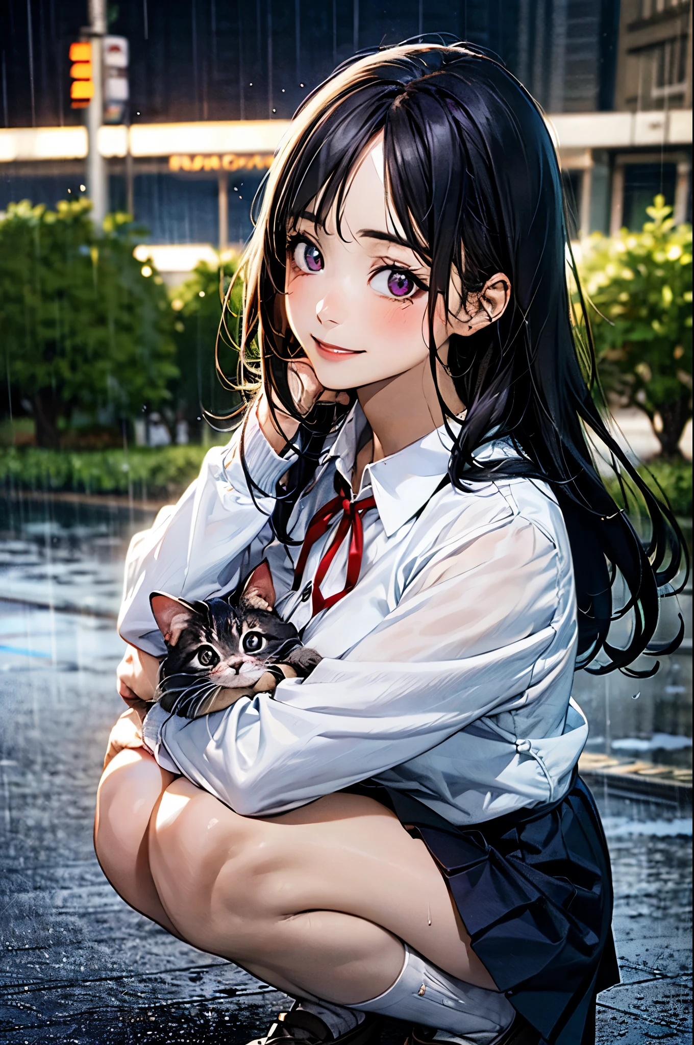 (masterpiece:1.2, top-quality), (realistic, photorealistic:1.4), beautiful illustration, (natural side lighting, movie lighting), , 
(looking at viewer), 1 girl, japanese, high school girl, perfect face, cute and symmetrical face, shiny skin, skinny, 
(long hair, straight hair, black hair), swept bangs, long sidelocks, datk purple eyes, drooping eyes, long eye lasher, (large breasts:0.6), five fingers, 
beautiful hair, beautiful face, beautiful detailed eyes, beautiful clavicle, beautiful body, beautiful chest, beautiful thighs, beautiful legs, 
((symmetrical clothing, white collared shirts, navy pleated skirt, red neck ribbon)), light grey cardigan, navy socks, 
(beautiful scenery), mid night, (riverside, rain:1.8, rainy), squatting, ((hugging a cat)), (lovely smile, upper eyes), 