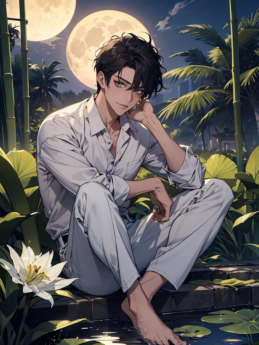 ((masterpiece,best quality)), 1 male, adult, handsome,full_moon, leaf, moon, plant, potted_plant, bamboo, 1guy, handsome man, palm_tree, butterfly, bug, water, tanabata, branch, barefoot, night, lily_pad, tanzaku, soaking_feet, vines, solo, outdoors, tree, very short black hair, wet, flower, smile, ivy, green_eyes, pants, lily_of_the_valley, sky, looking_at_viewer, palm_leaf, casual clothes, ((masterpiece,best quality)), beautiful detailed eyes, beautiful detailed face


